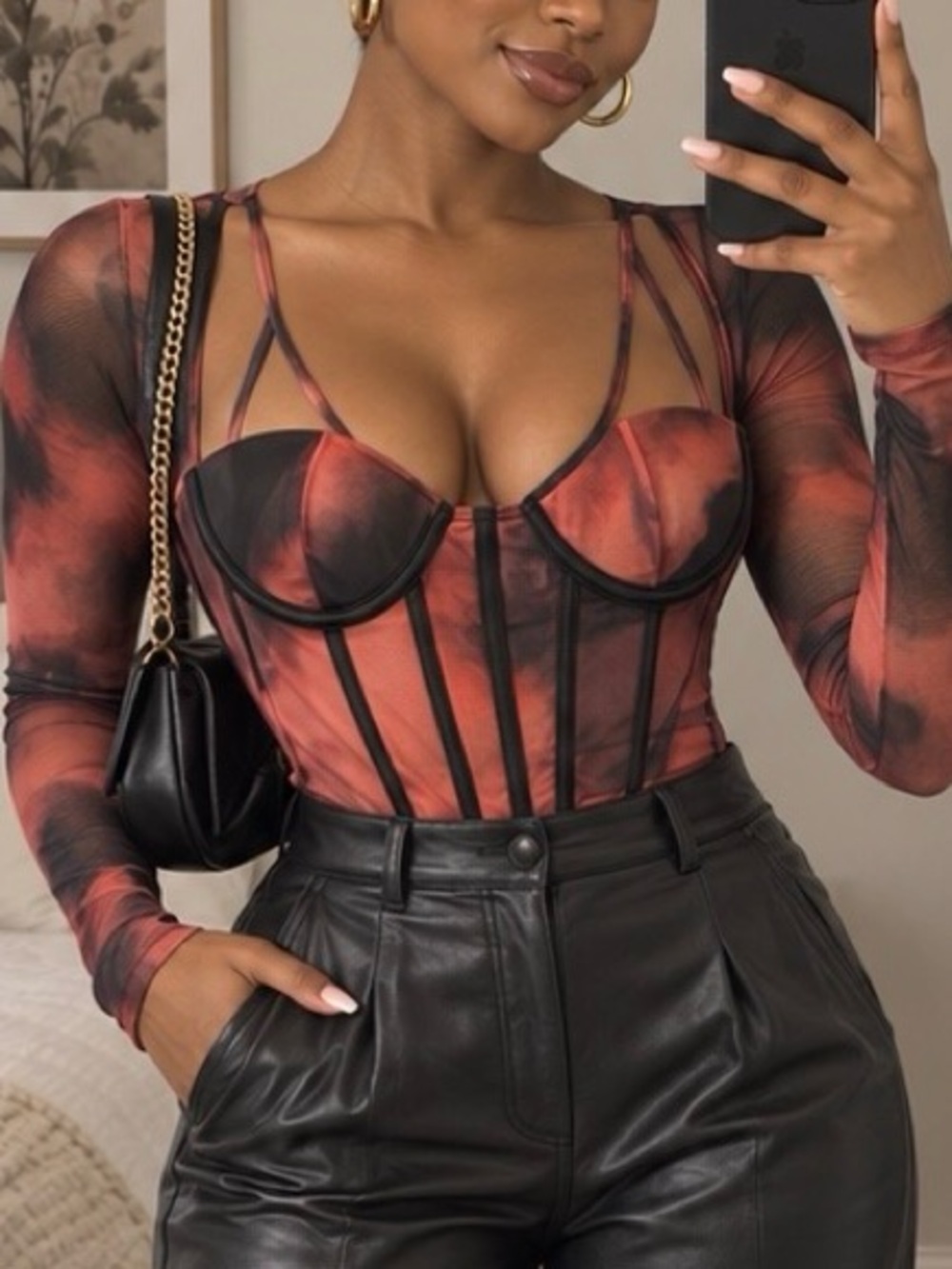 Fashion Nova Rust and Black Sheer Corset Bodysuit